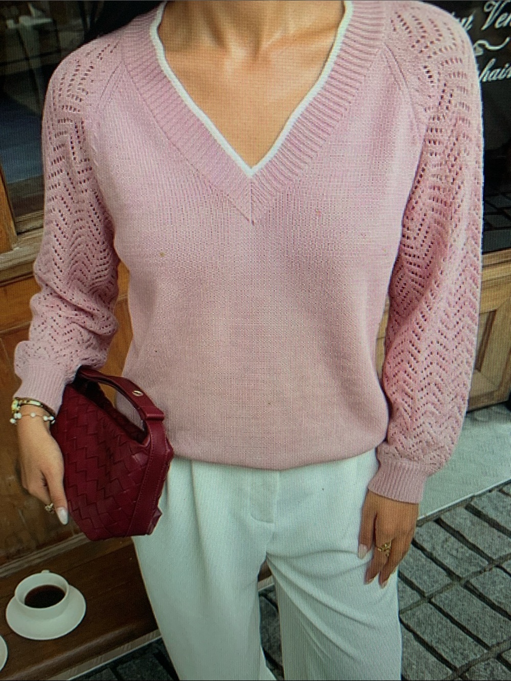 V-Neck Openwork Sleeve Sweater - Pink and White